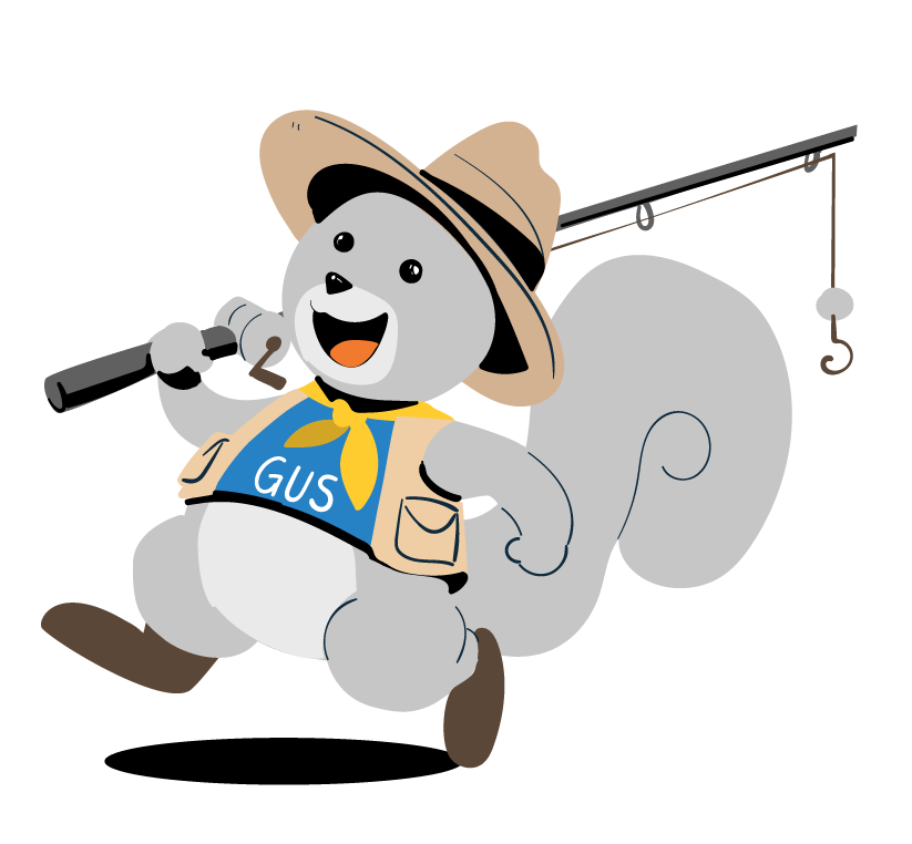 Cartoon squirrel named Gus wearing a hat and vest, holding a fishing rod.