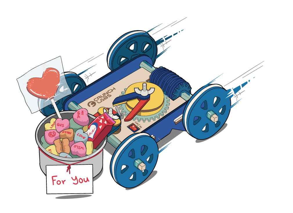 A drawing of the CrunchLabs Boomerang Car drives with a metal bowl in front of it. The metal bowl is filled with candy ad has a paper that reads 'for you' tied to it.